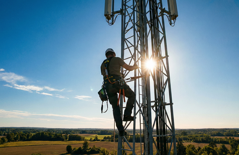 Een elektromonteur die een mast beklimt