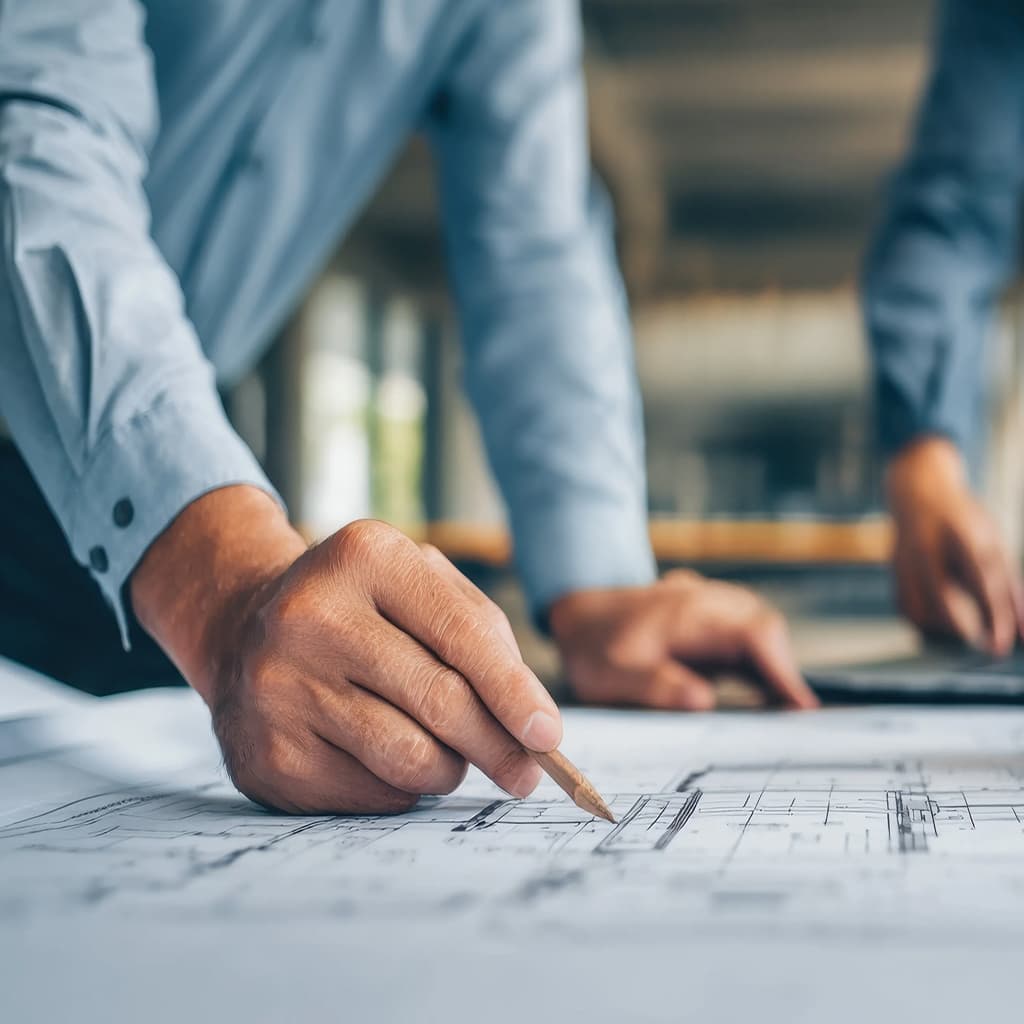 hand with pencil on blueprint papers
