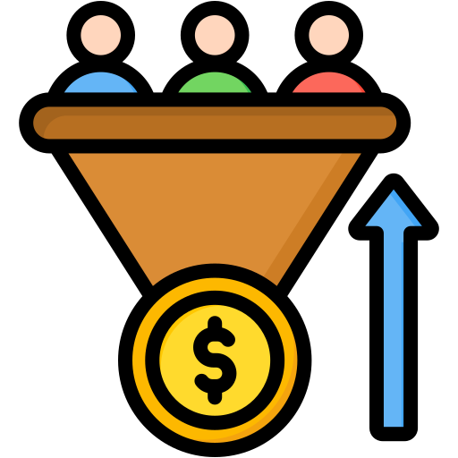 a funnel with 3 people inside narrowing to a money coin. next to the funnel is a blue arrow pointing up to demonstrate conversion rated improving