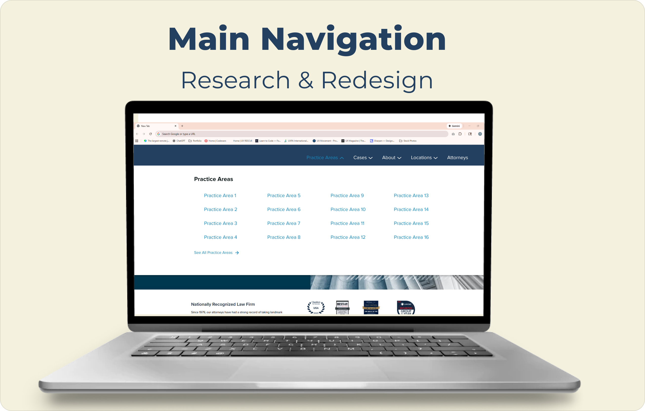 Image for the Main Navigation Research & Design case study cover showing the label text at the top and featuring an open laptop with the screen displaying the navigation from the study to demonstrate what it would look like in practice and as a preview for the full case study