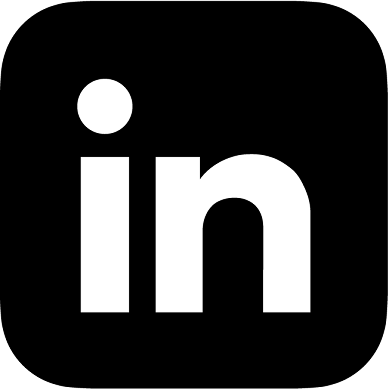 LinkedIn logo comprised of a black square with rounded corners and two white letters (in) making up the majority of the inside of the square
