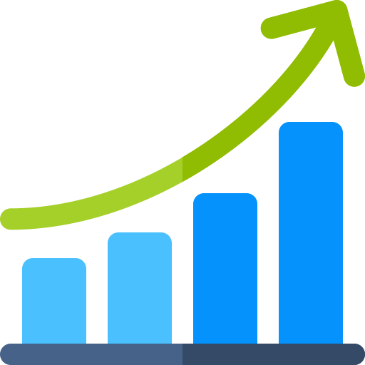 icon graphic made up a bar chart with four bars and the first bar is the shortest, leading to the tallest bar on the right in a even, progressive manner. On top of the graph is a green arrow curved in an upward direction to the right, following the steps of the bar graph
