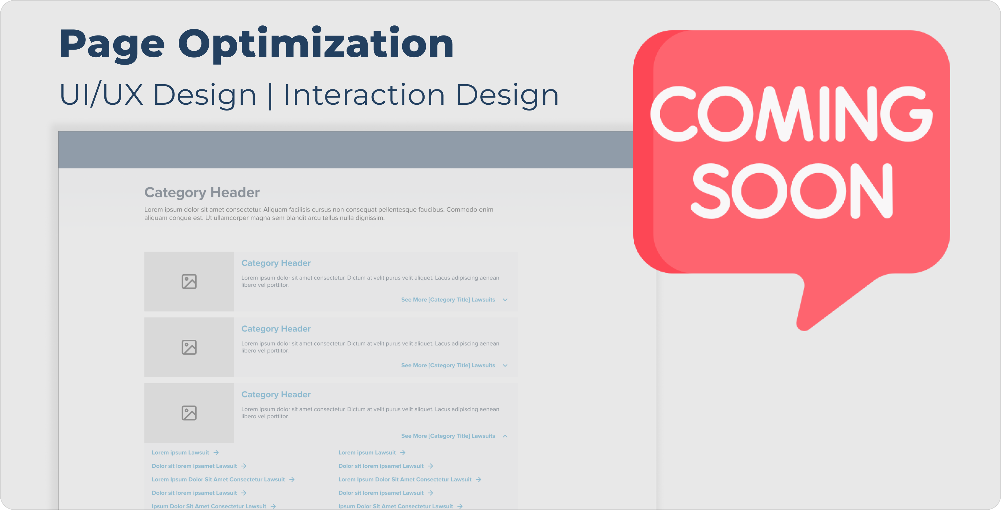 page optimization case study cover shows the information slightly greyed out with a large "Coming Soon" sign to indicate this is not yet ready for viewing