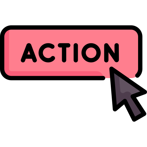 pink button with the word "action" inside and a grey mouse cursor hovering over it as if to click it