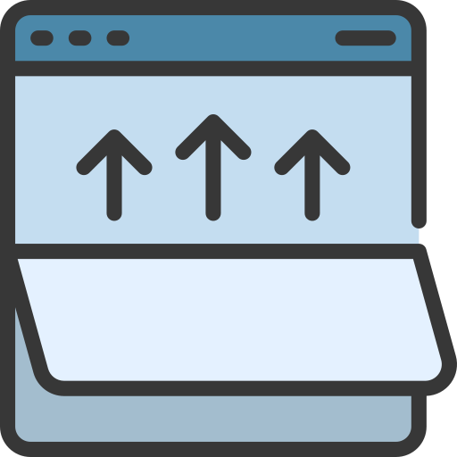 Illustration of a blue-toned blank web page with the bottom portion folded and arrows pointing up to highlight the top portion of the web page.