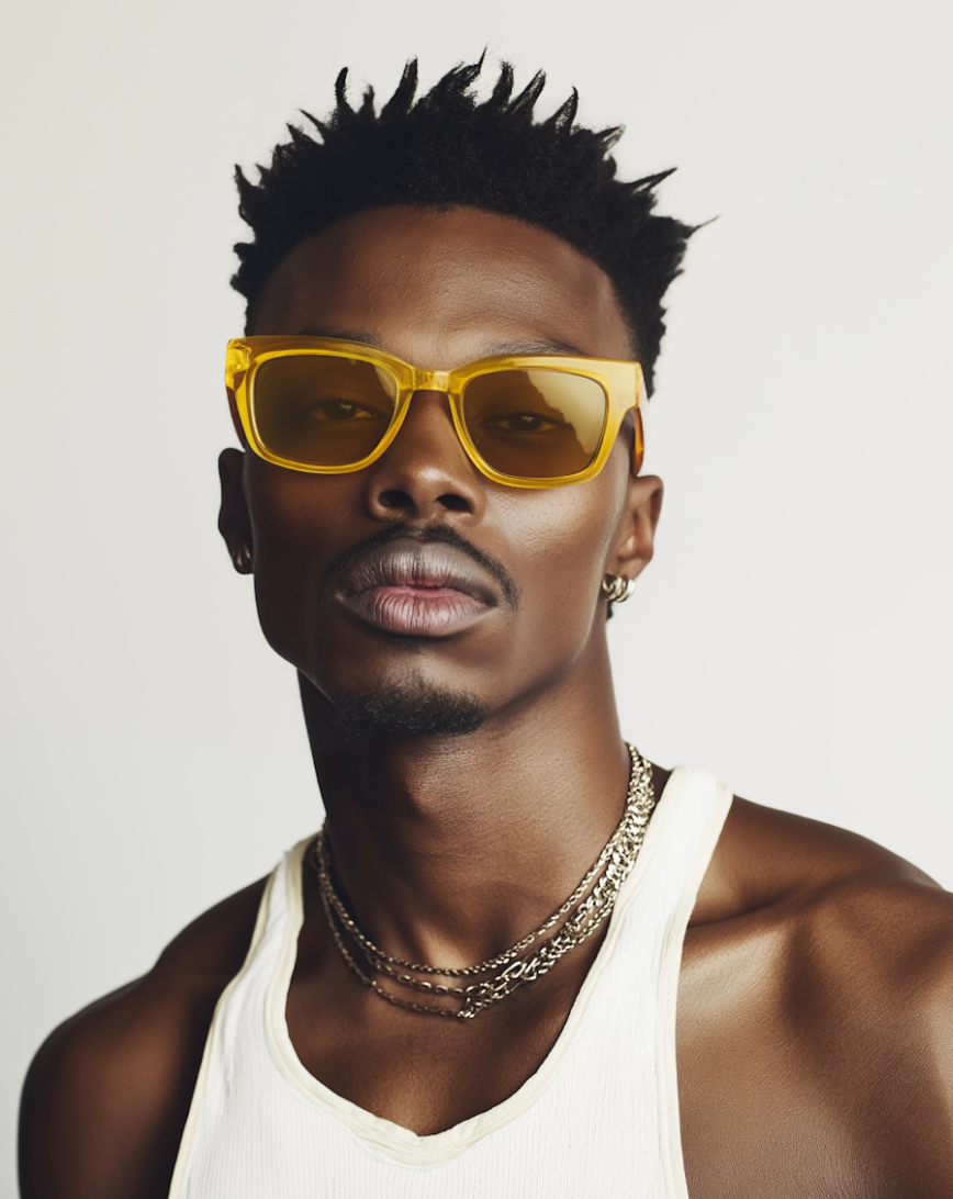 Portrait of a man wearing yellow sunglasses, silver chains, and a white sleeveless shirt against a plain background.