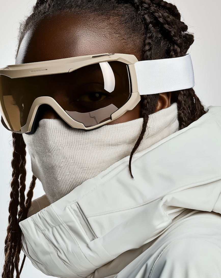 Person with braided hair wearing beige ski goggles, white face cover, and white winter jacket.