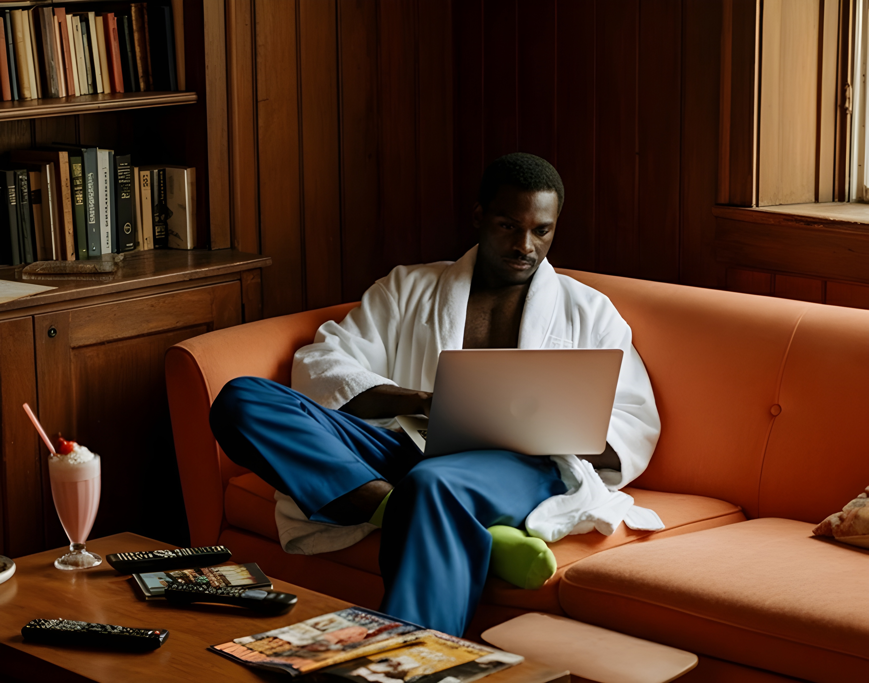 Man in white bathrobe and blue pants sitting cross-legged on an orange couch, working on a laptop in a cozy wooden room.