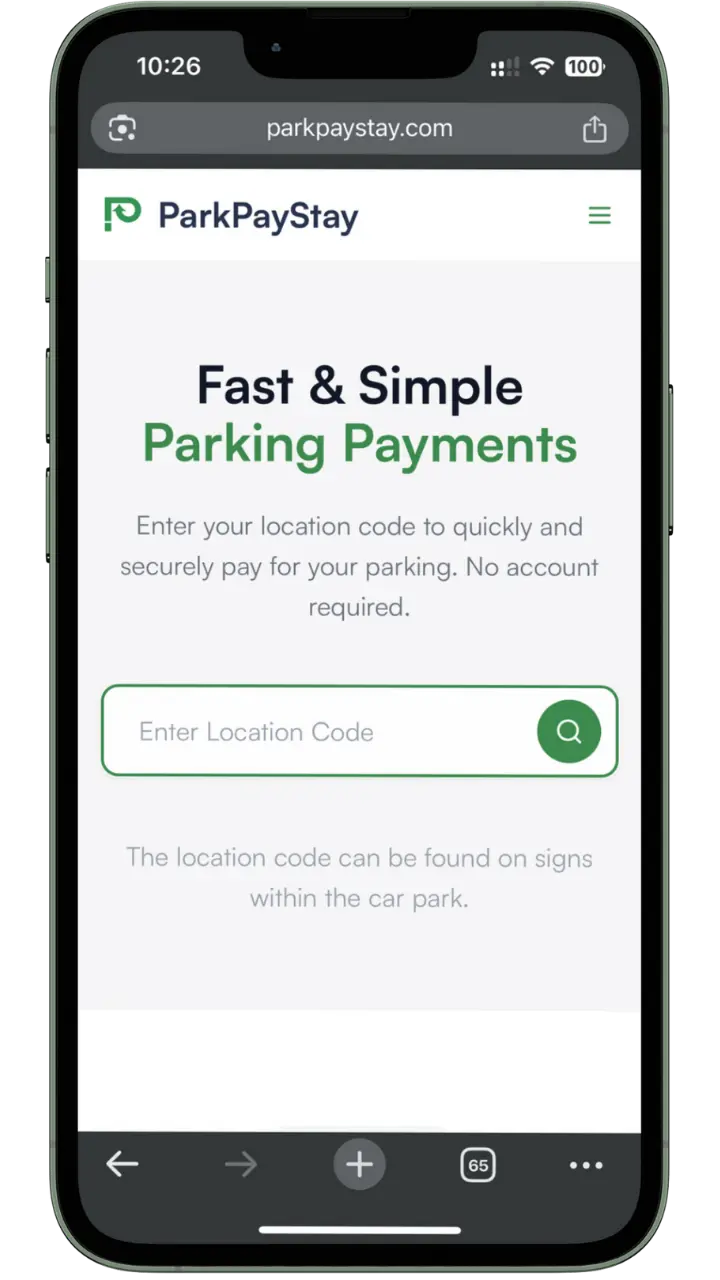 Mobile screen showing ParkPayStay website with prompt to enter a location code for fast and simple parking payments.