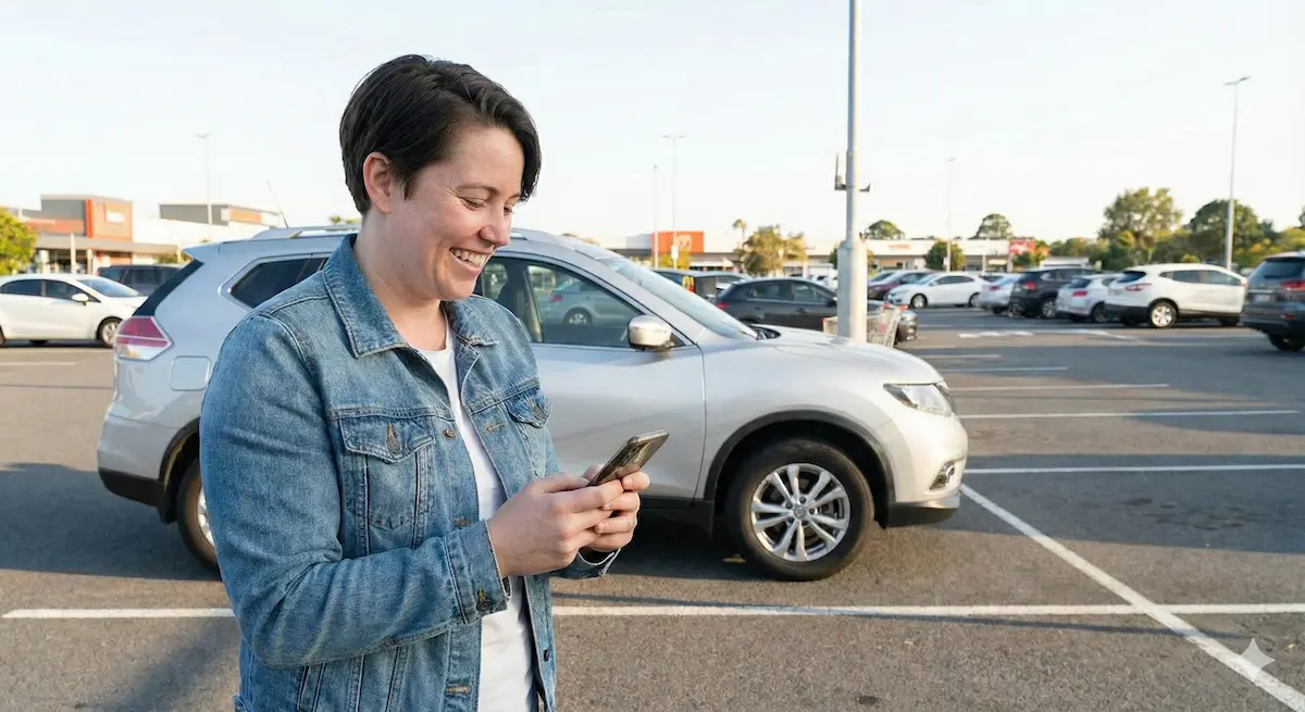 Smiling woman in a denim jacket looking at her smartphone in a sunny parking lot with parked cars.