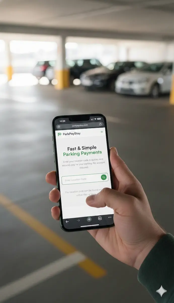 Hand holding a smartphone displaying the ParkPayStay website for fast and simple parking payments in a parking garage.