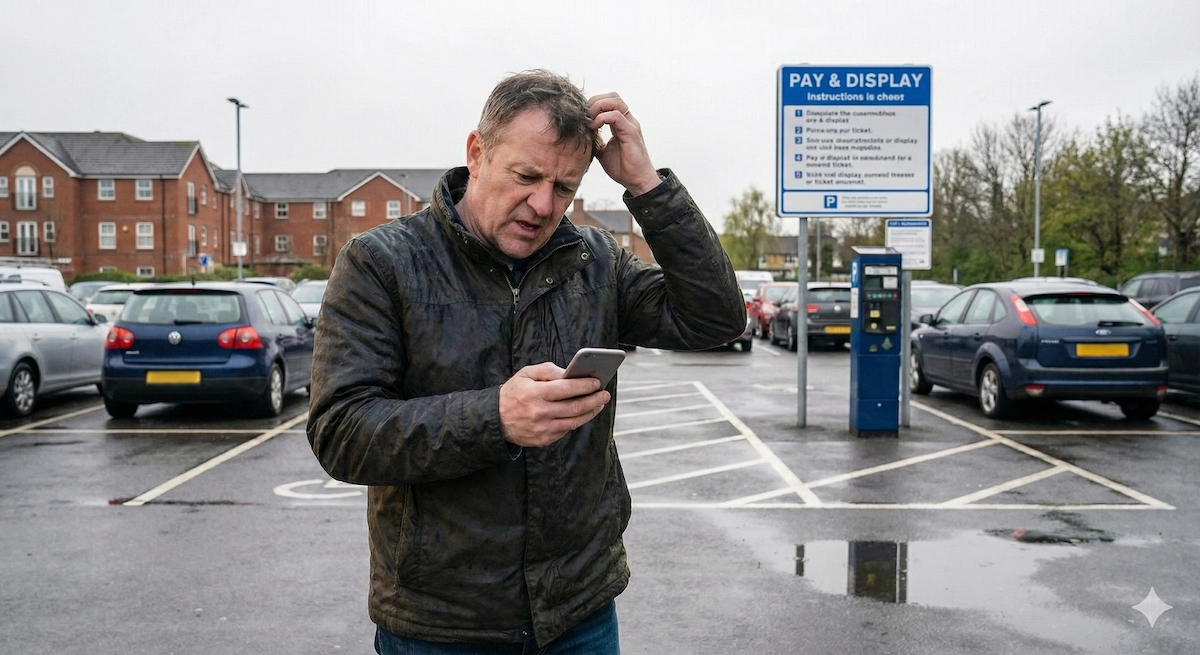 Confused man standing in a wet parking lot looking at his smartphone with a pay and display parking machine and sign in the background.