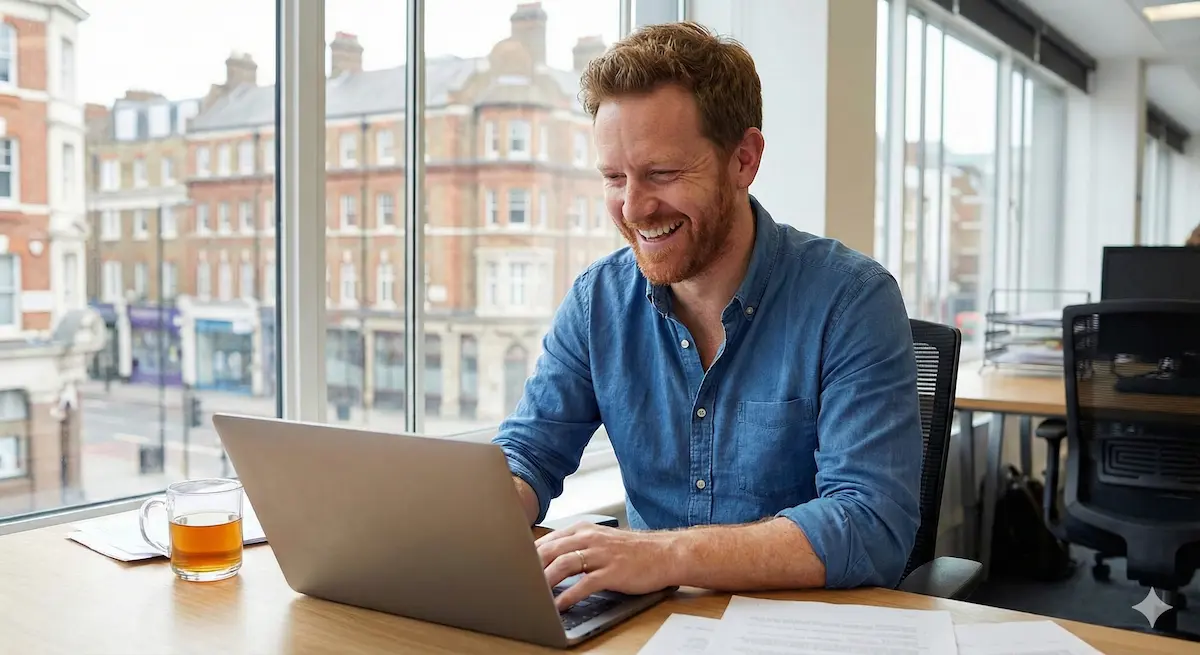 Smiling man with beard wearing a blue shirt working on a laptop in a bright office by a large window with a cup of tea on the desk.