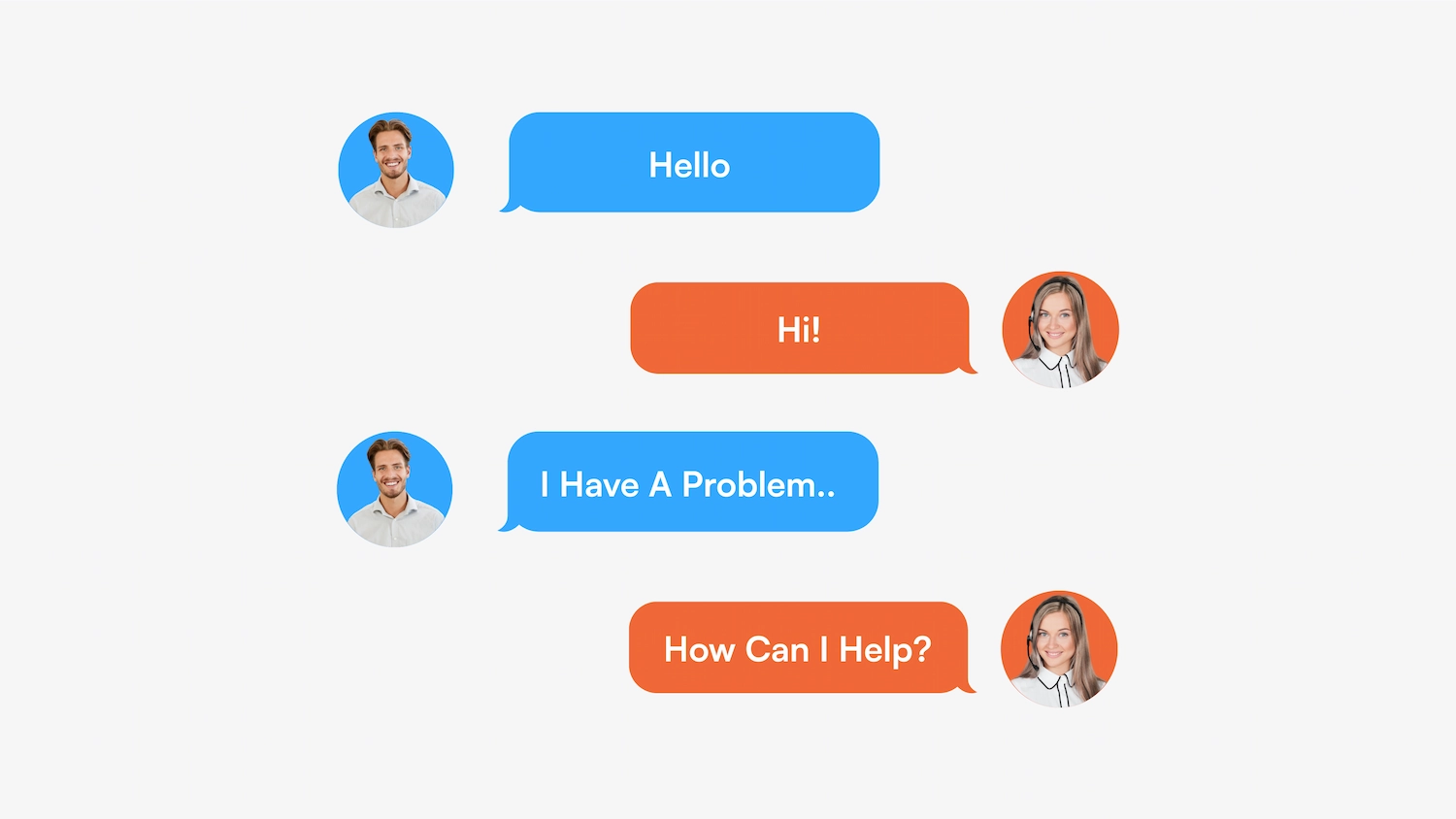 Chat conversation showing a man saying 'Hello' and 'I Have A Problem..' and a woman with a headset replying 'Hi!' and 'How Can I Help?'