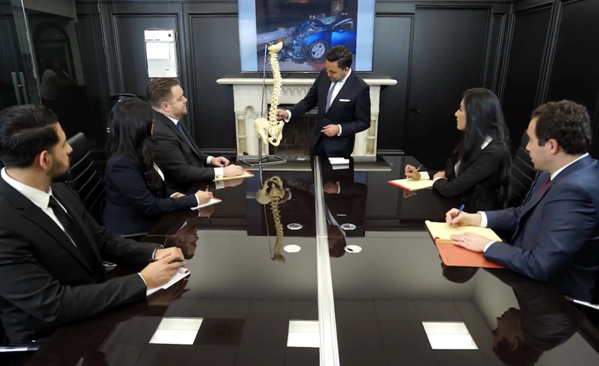 A man in a suit stands at a conference table pointing to a spine model while five seated colleagues take notes during a meeting.