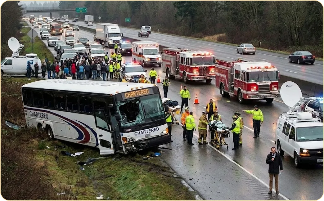 Accident scene on a highway with a damaged chartered bus off the road, emergency responders attending to an injured person on a stretcher, and fire trucks and ambulances present.