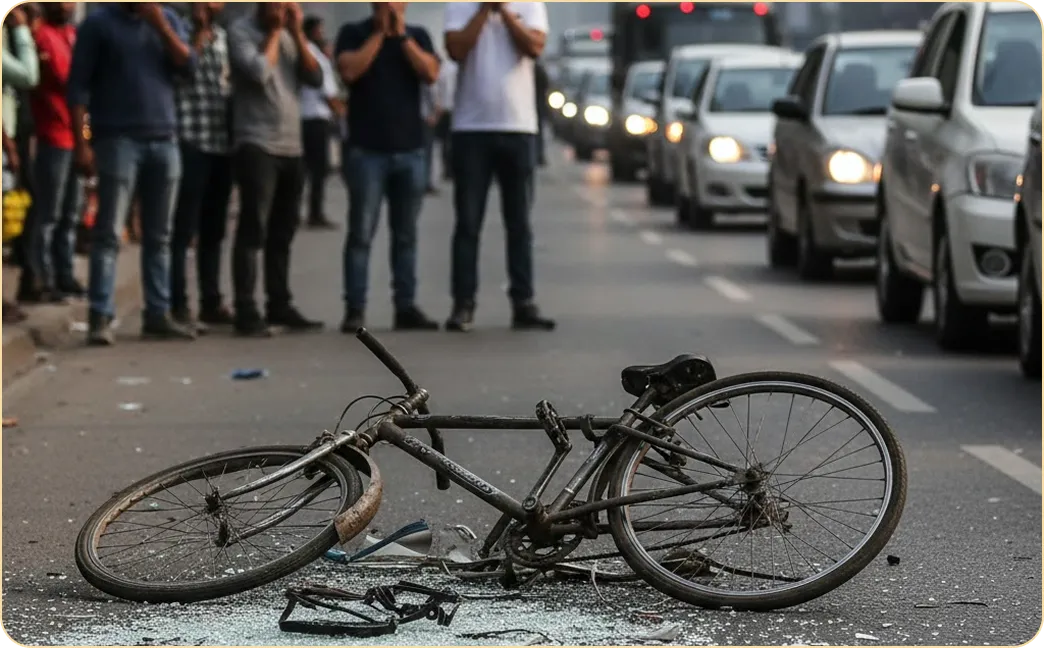 Damaged bicycle lying on the road with shattered glass around it and people standing in the background near stopped cars.