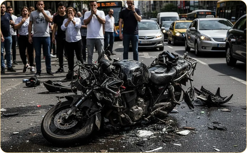 Severely damaged motorcycle lying on a street surrounded by debris with shocked pedestrians and cars in the background.