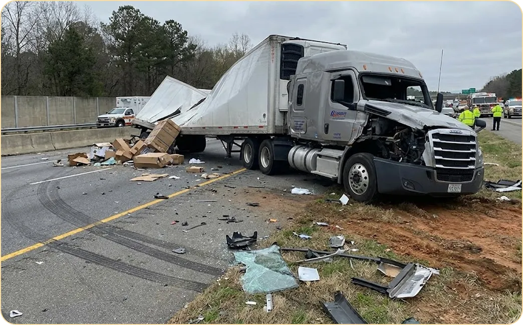 Damaged semi-truck with wrecked front and torn trailer on highway, surrounded by scattered debris and boxes.