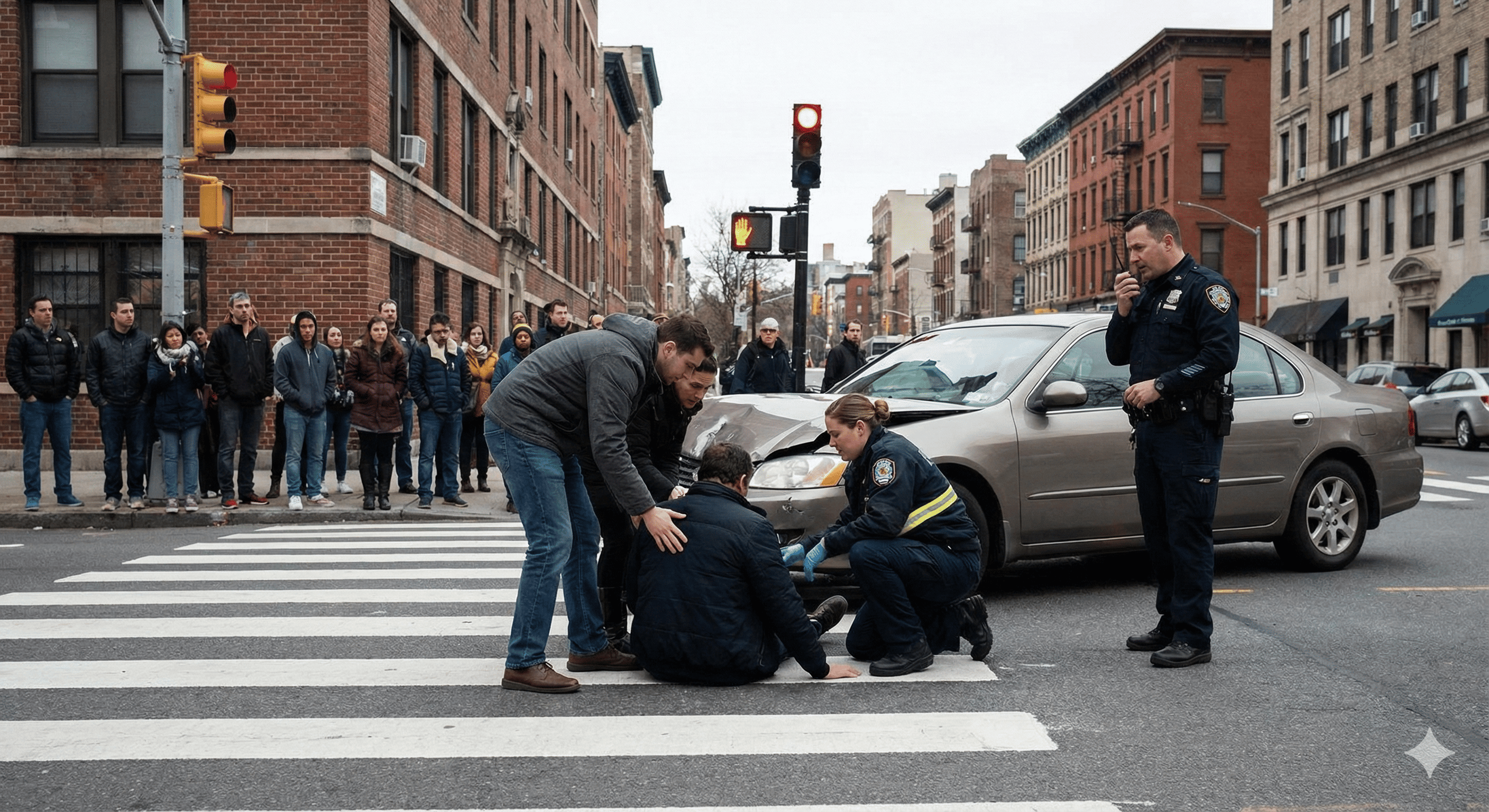 Scene of a serious accident at a railway crossing where a police truck is heavily damaged leaning on a train, with an overturned car and emergency responders at the site.