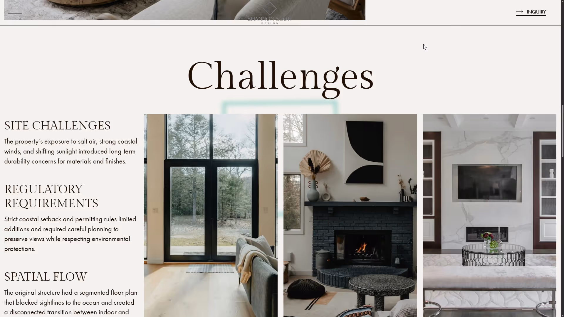 Three interior images side by side showing a living room with large glass doors, a black brick fireplace with modern decorations, and a white marble fireplace with a mounted TV and a glass coffee table.