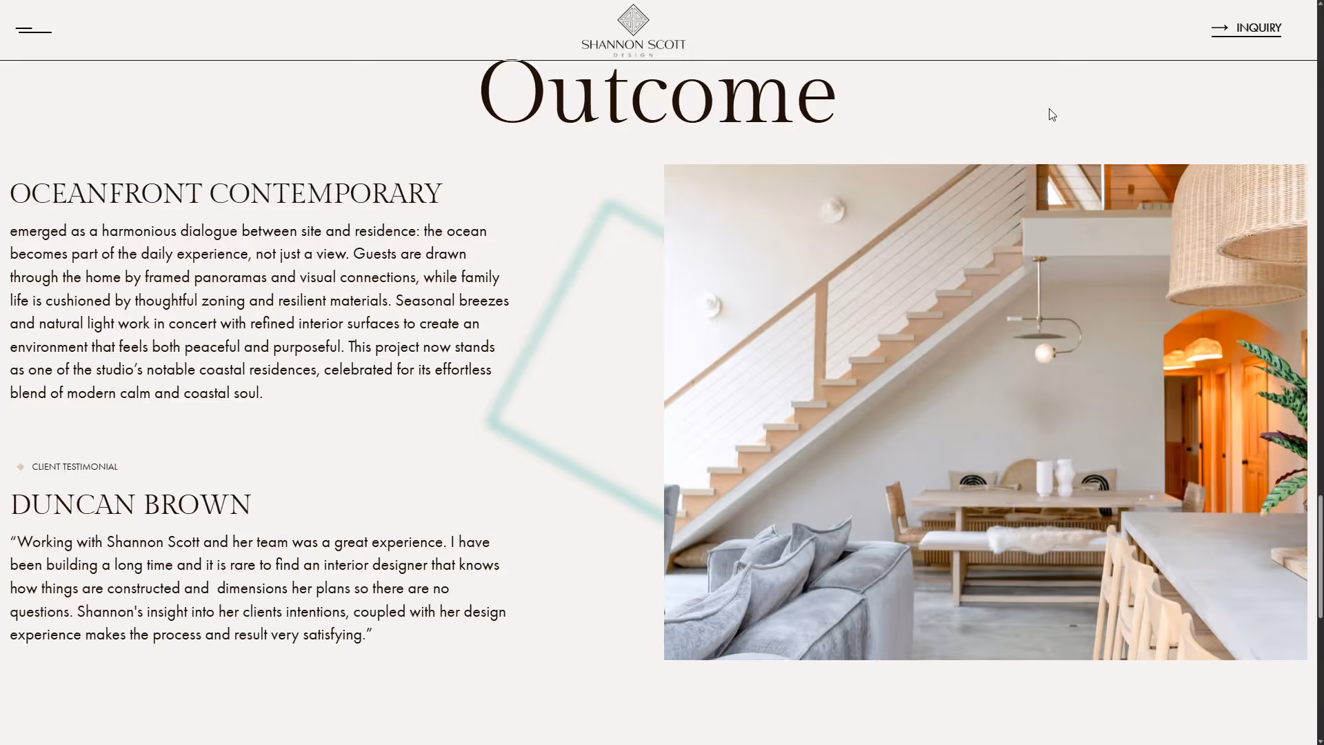 Modern open-concept living space with light wood staircase, gray sofa, dining table, and bar seating under warm lighting.