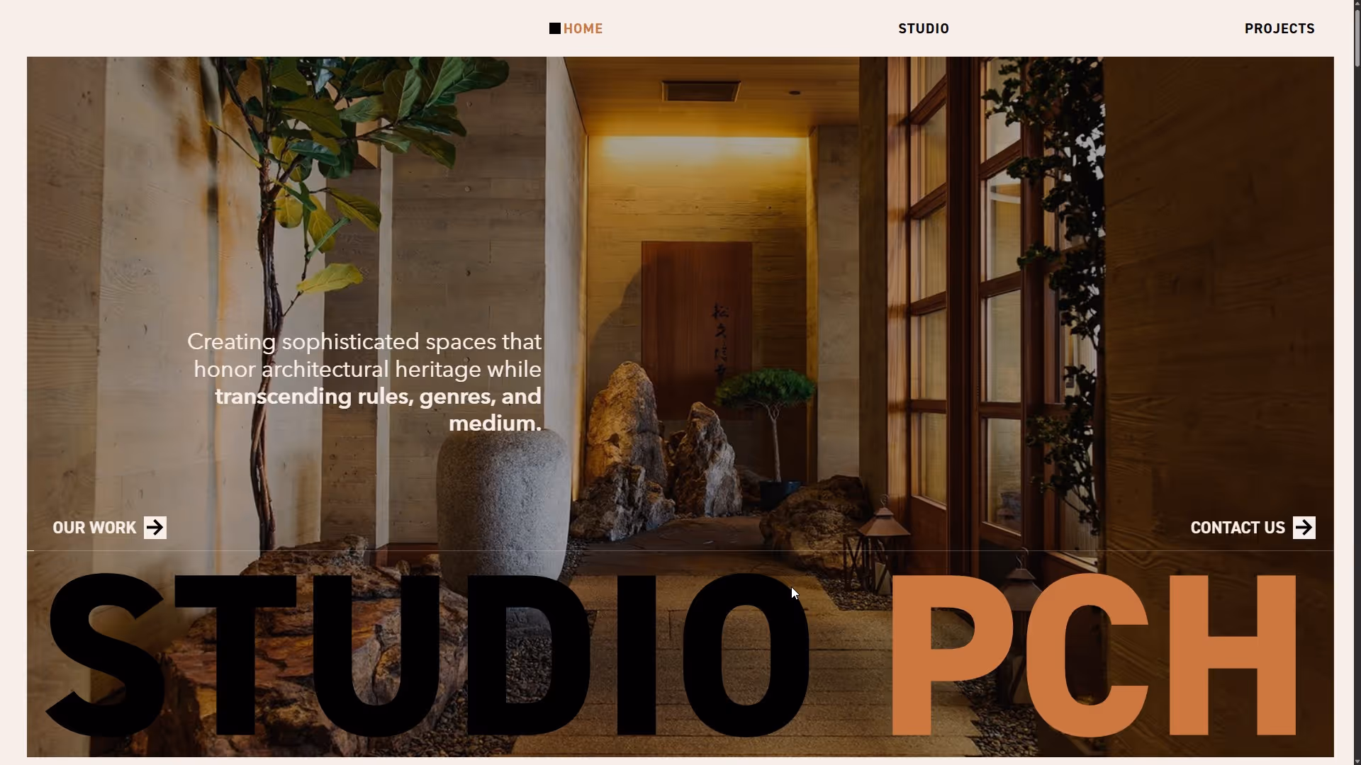 Modern interior with stone pathway, plants, wooden door, and text overlay about creating sophisticated architectural spaces.