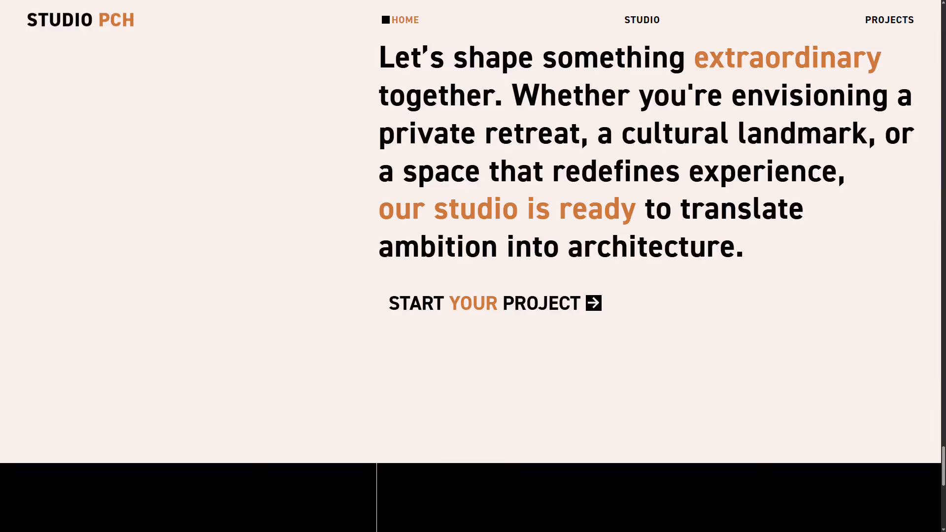 Homepage banner with text inviting collaboration on extraordinary architectural projects, highlighting readiness to translate ambition into architecture.