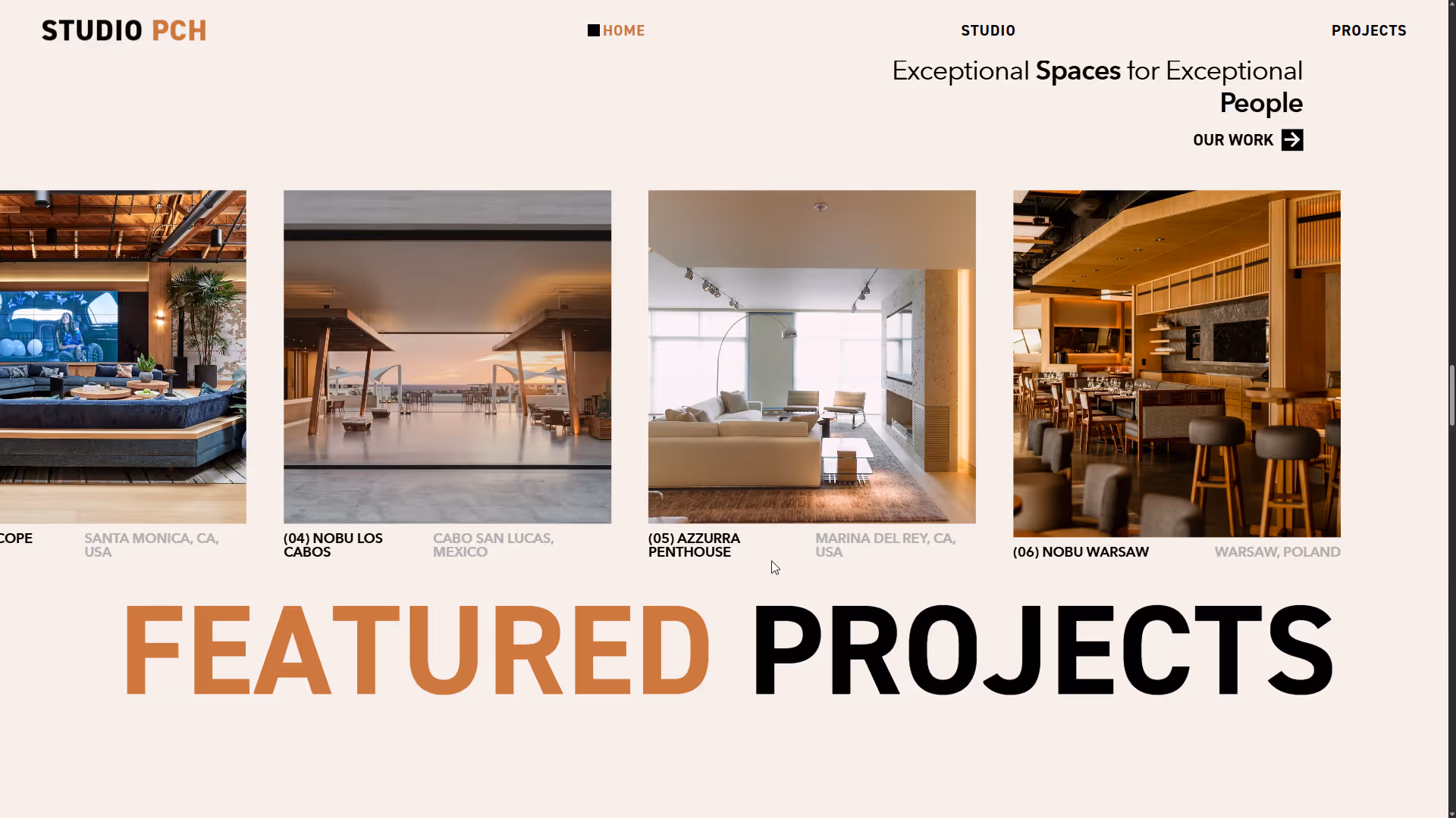 Website section showing featured interior projects including Nobu Los Cabos terrace, Azzurra Penthouse living room, and Nobu Warsaw restaurant seating.