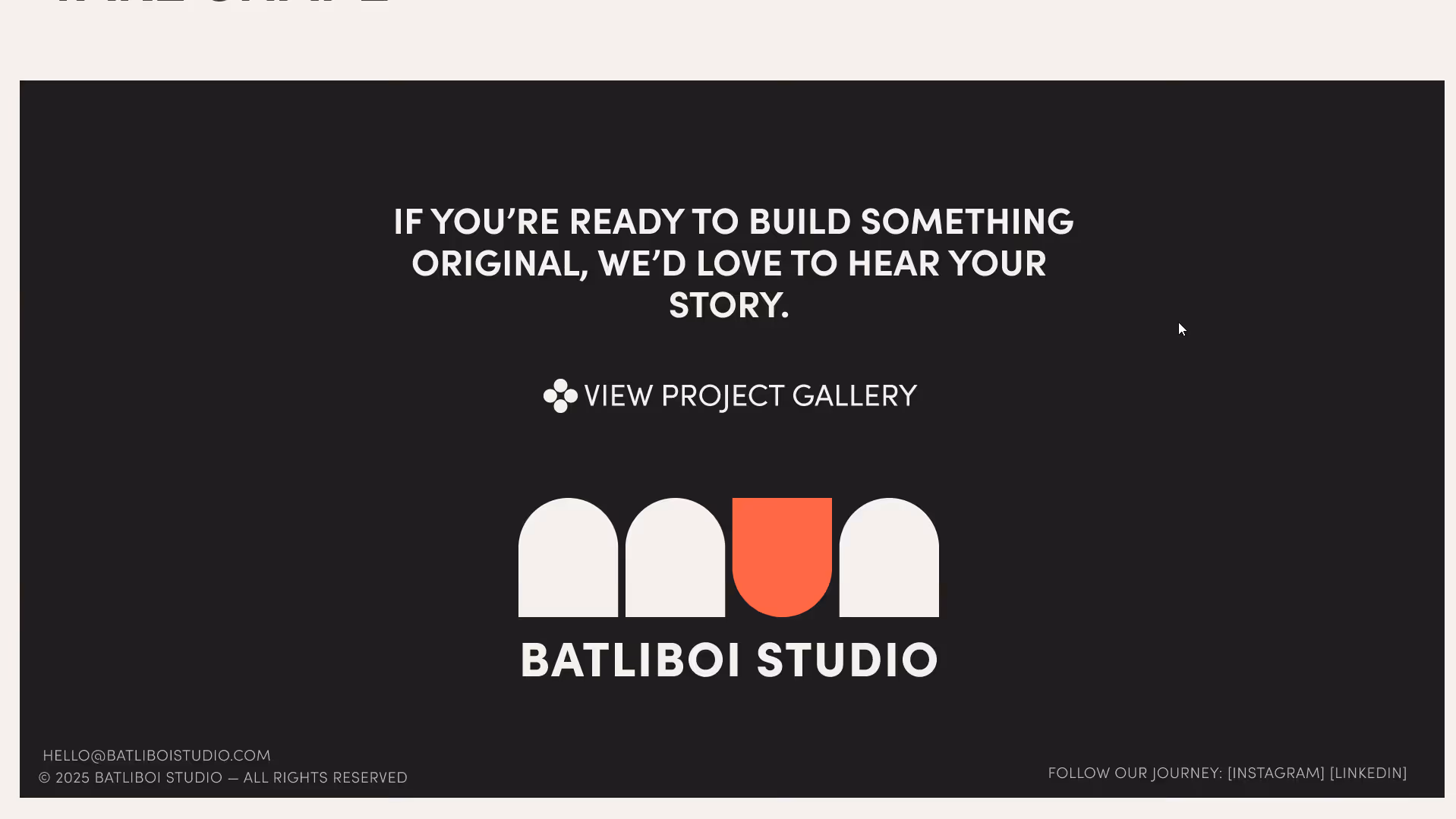 Black background with text inviting to build something original and view project gallery above Batliboi Studio logo.