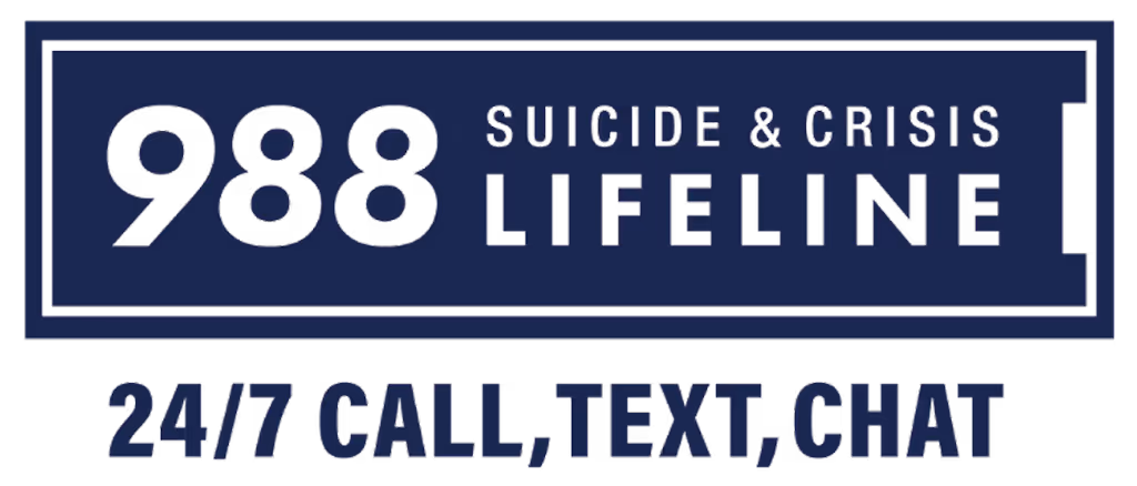 988 Suicide & Crisis Lifeline logo with text '24/7 CALL, TEXT, CHAT'.