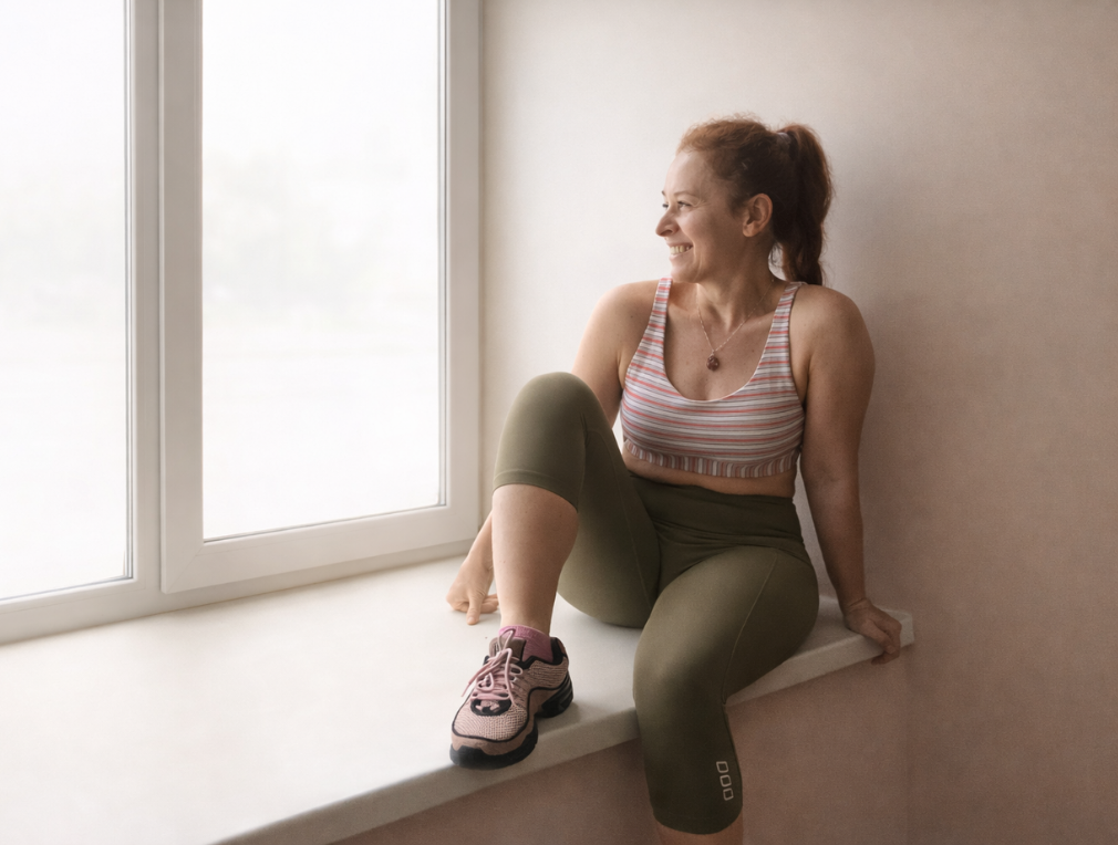 Irina Zino seated by a window in training wear