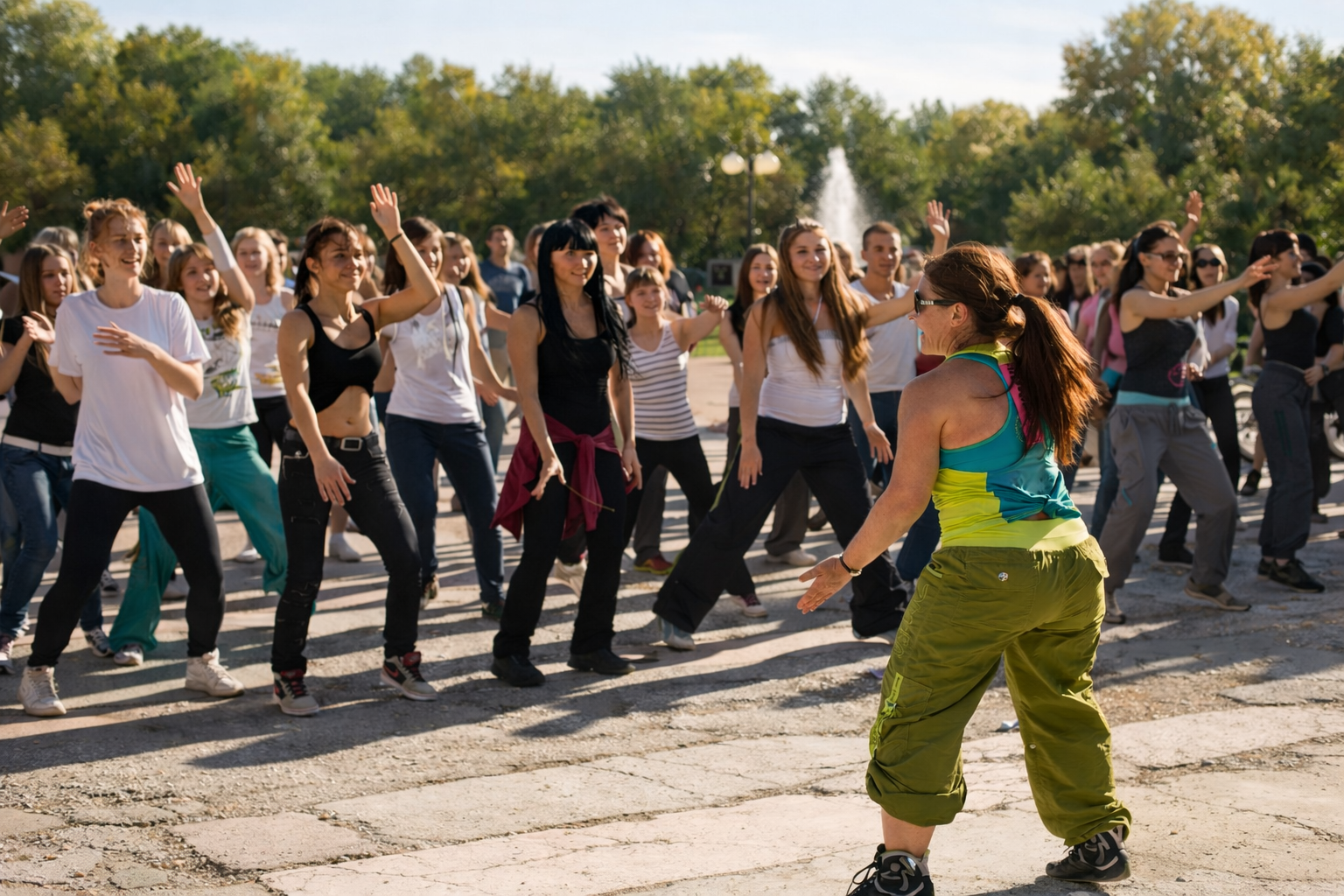 Irina leading a large outdoor community session