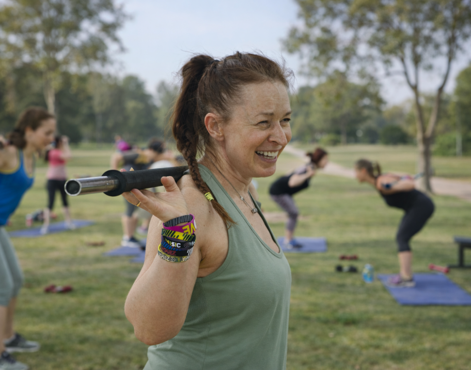 Irina is outdoors doing group training