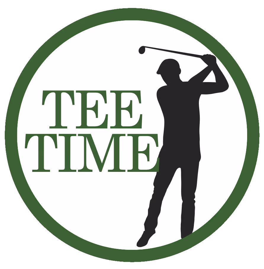 Logo with dark green text 'TEE TIME' and silhouette of golfer swinging a club inside a dark green circular border.