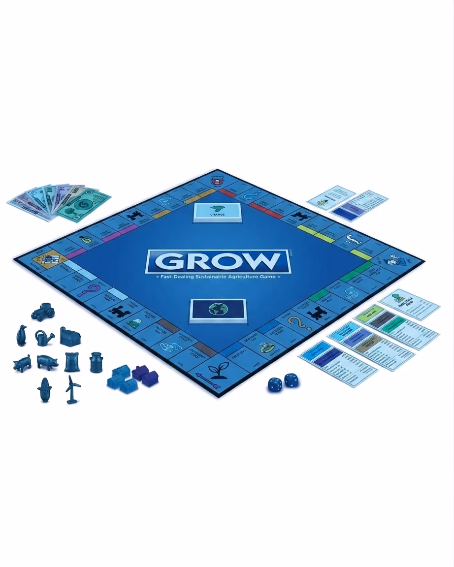 Grow board game manufactured in New Zealand, showing the printed game board and playing pieces