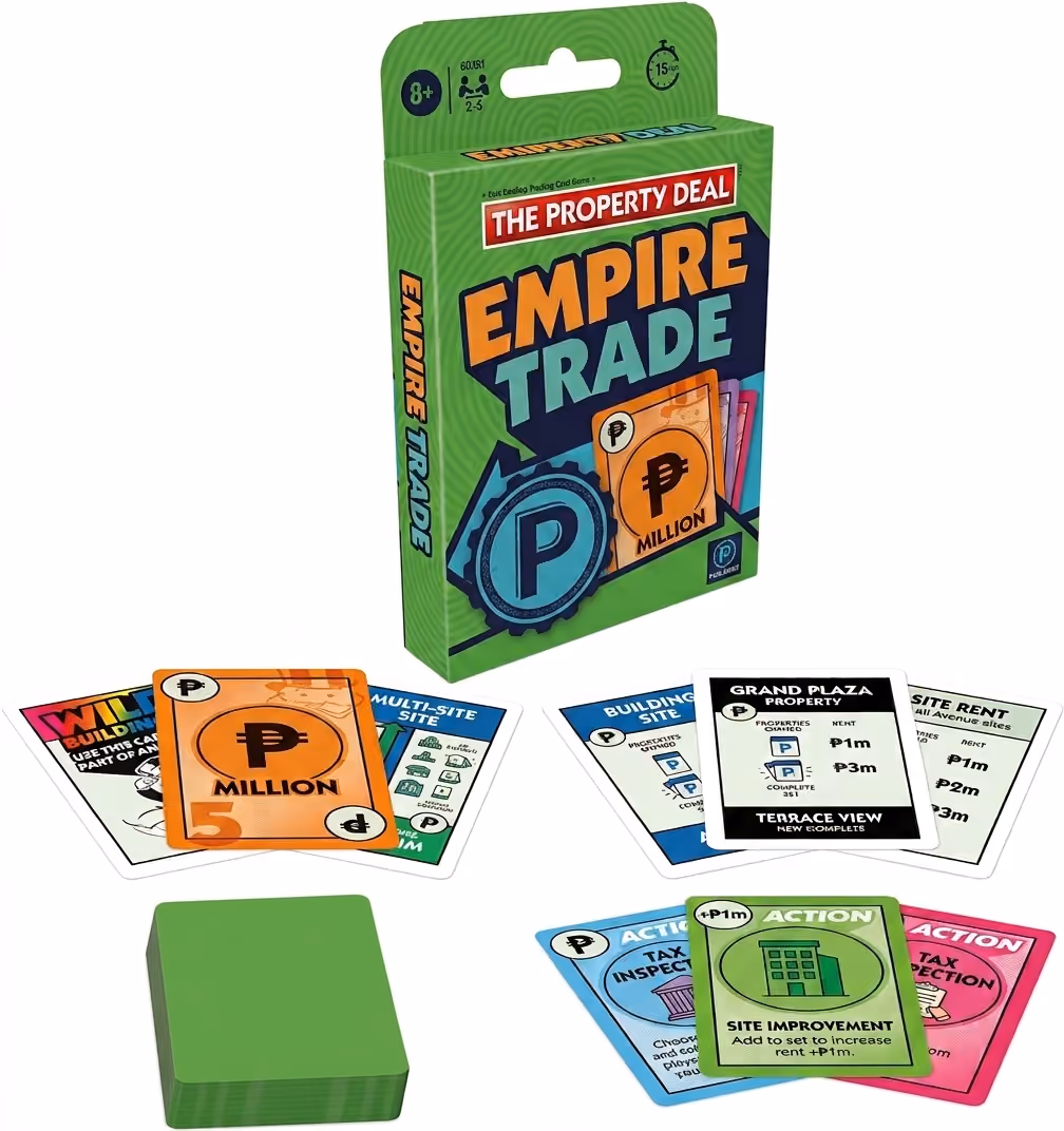 Empire Trade property card game printed in New Zealand, with tuck box, action cards and money cards