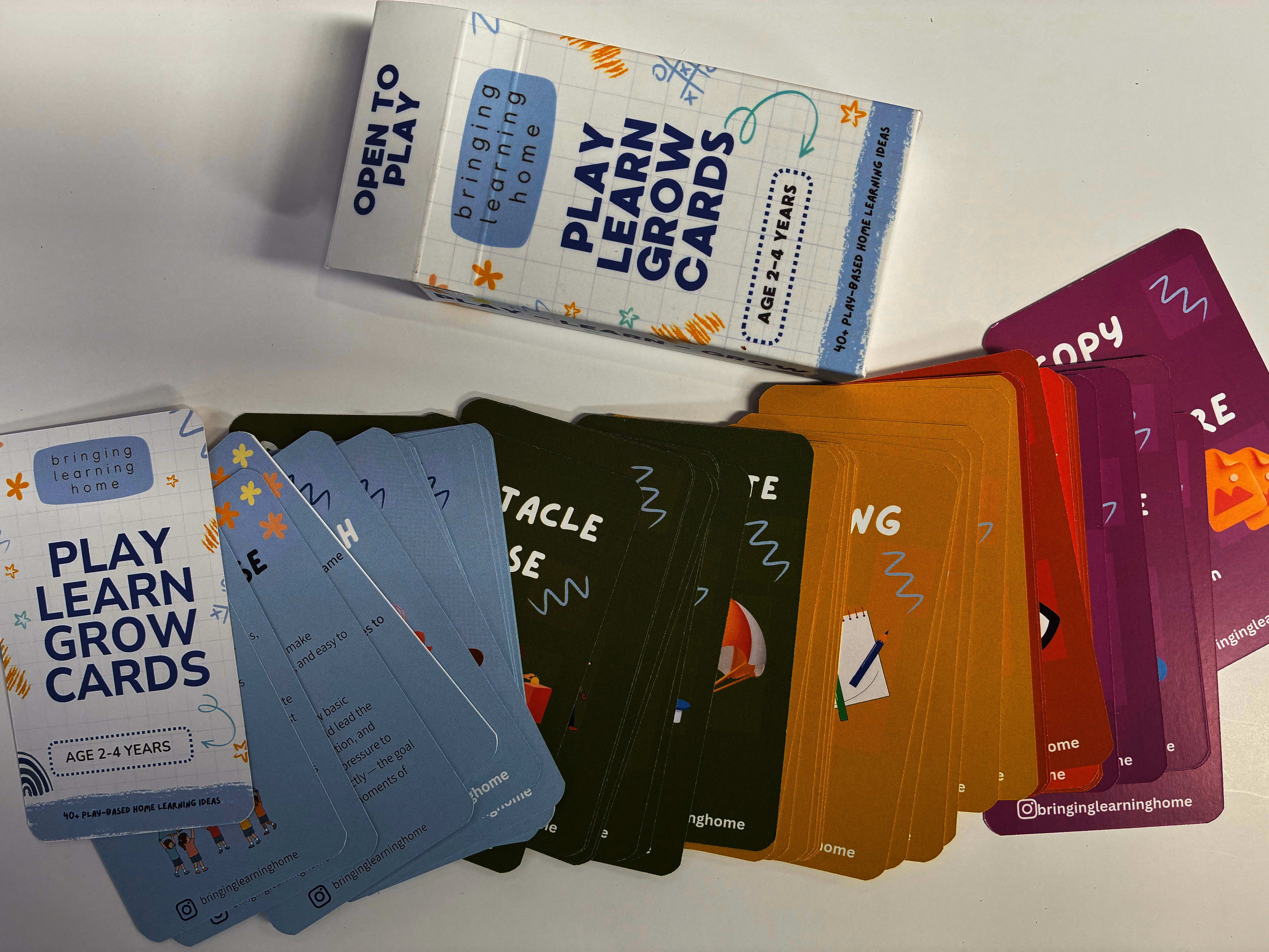 Play Learn Grow Cards educational deck with printed tuck box, made for bringing learning home