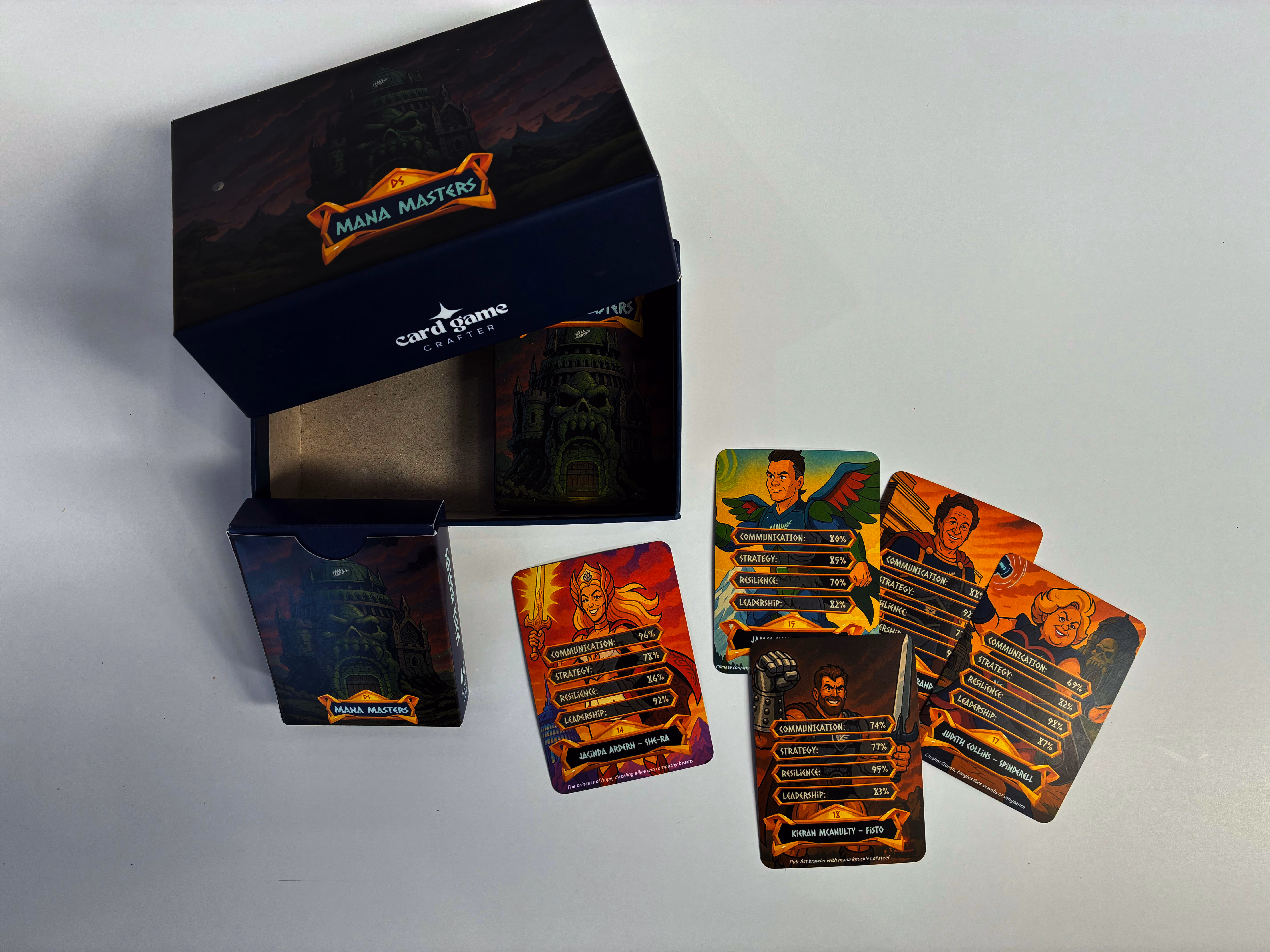 Mana Masters trading card game printed in New Zealand, with rigid presentation box, tuck box and stat cards