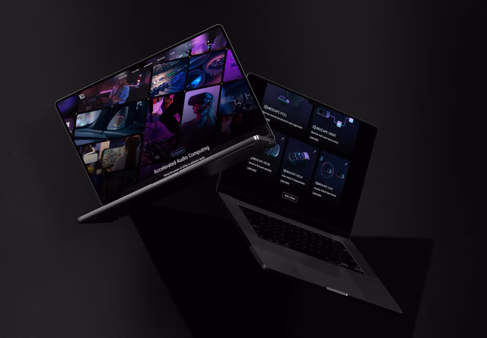 Two laptops floating on black background showing GPU audio website.