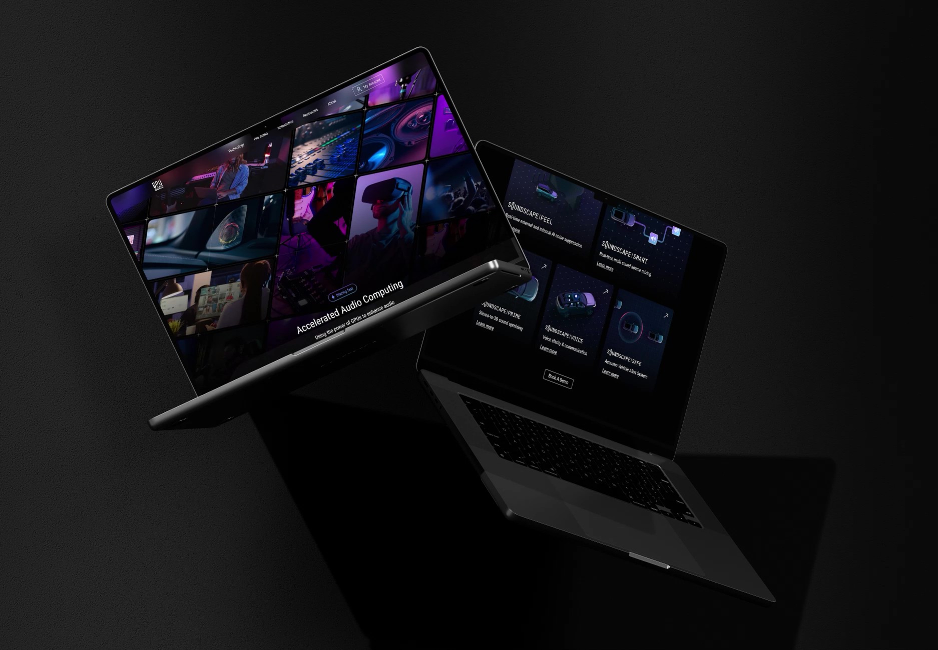 Two laptops floating on black background showing GPU audio website.