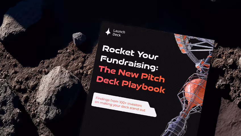 Book titled 'Rocket Your Fundraising: The New Pitch Deck Playbook' on rocky surface with spaceship graphic.