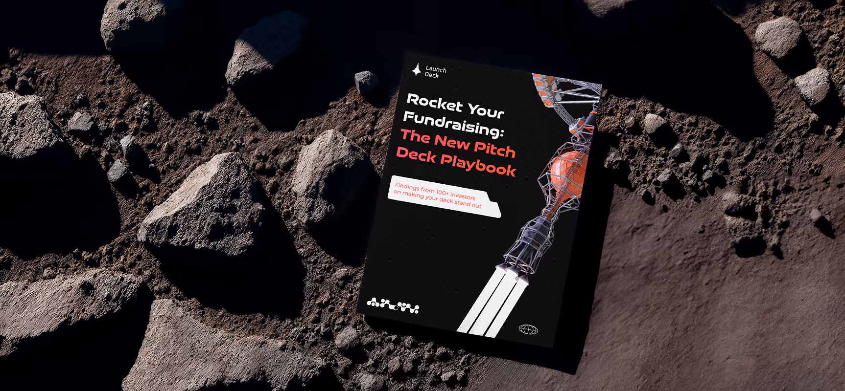 Book titled 'Rocket Your Fundraising: The New Pitch Deck Playbook' on rocky surface with spaceship graphic.