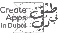 Text saying Create Apps in Dubai with Arabic script on a grid background.
