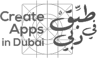 Text saying Create Apps in Dubai with Arabic script on a grid background.