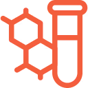 Red chemical flask icon with molecular structure symbol beside it.