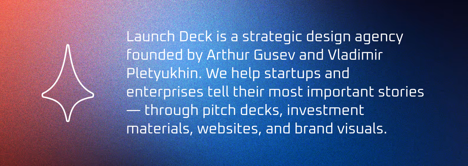 Text on gradient background describes Launch Deck as a strategy design agency helping startups with pitch decks and branding.
