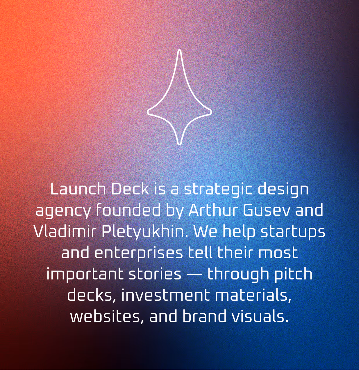 Text on gradient background about Launch Deck design agency helping startups with pitch decks and brand visuals.
