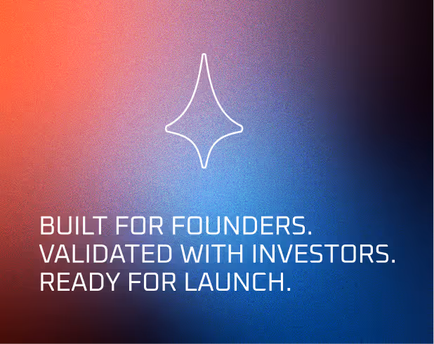 White text on gradient background: built for founders, validated with investors, ready for launch with diamond icon above.