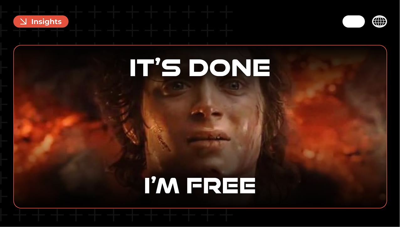 A man with a dirt-streaked, sweaty face staring intensely against a fiery orange background, with "IT'S DONE" above and "I'M FREE" below.